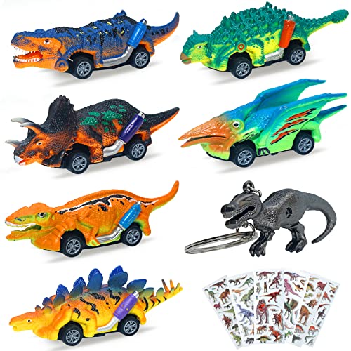 Voiture jouet dinosaure,LandJoy 13pcs voiture dinosaure rétractable,voiture jouet dinosaure,jouet dinosaure pour enfants 3 4 5 6 ans.6*Dinosaure autocollant,3D dinosaure porte-clés Cover
