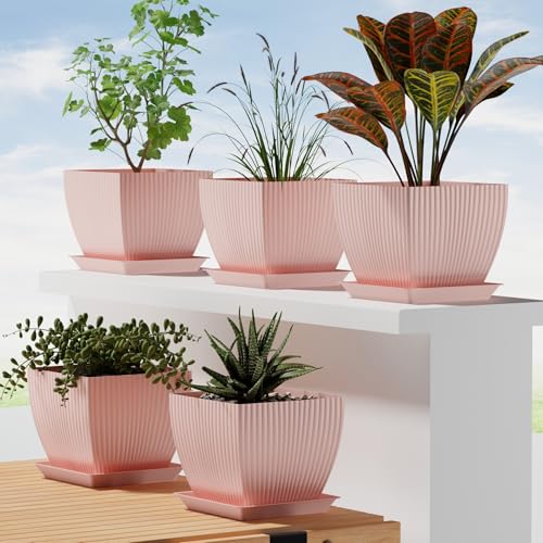Image of ELUVIA 7-inch Square Planters with Saucers (Set of 5) - Modern Fluted Flower Pots with Drainage Holes and Trays - Premium Plastic Indoor Outdoor Plant Pots for Succulents, Flowers (Pink)