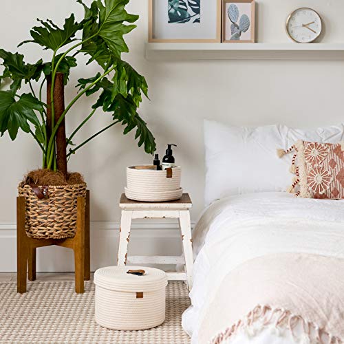 Denja & Co Round Baskets With Lids - Set Of 2 Decorative Baskets With Lids For Organizing - Natural Cotton Rope Lidded Baskets With Genuine Leather Tabs And Handles - Storage Baskets With Lids #TOP6