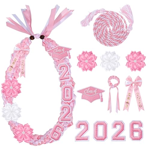 Silkovahamd Graduation Leis Class of 2026 - Ribbon Leis for Graduation 2026 Pink White Honor Cord Bracelet Bowtie for High School College Grad Accessories Gifts