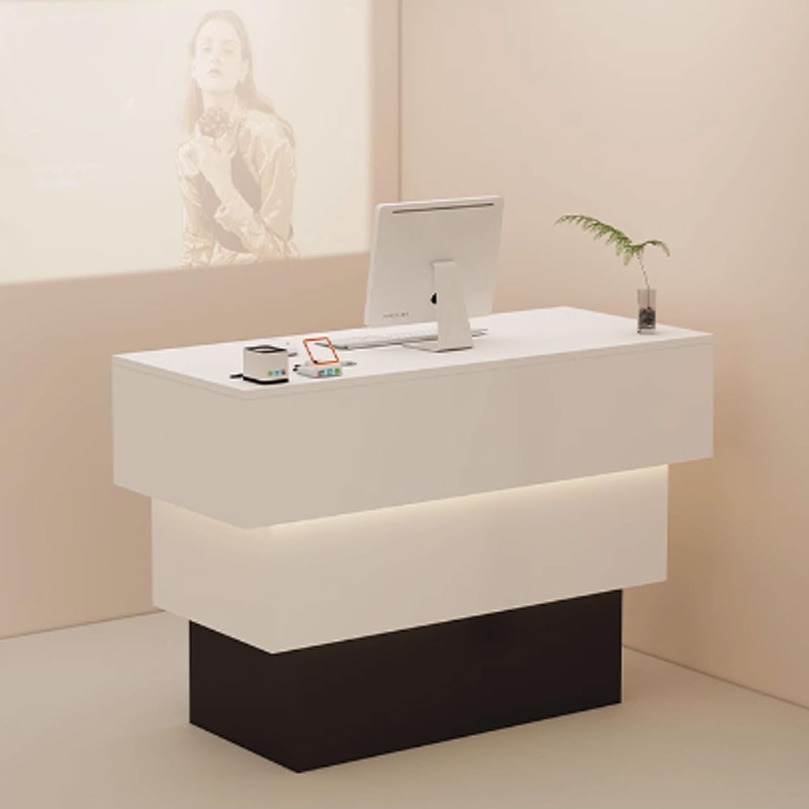 Elegante scrivania per reception con luce ambientale morbida per negozi di abbigliamento e ristoranti, moderno bancone anteriore bianco e nero, 110 x 50 x 90 cm, design elegante e funzionale