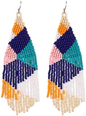 Luluping Long Beaded Dangle Earrings – Boho Native Handmade Seed Bead Tassel Earrings for Women, Bohemian Large Statement Beaded Drop Fringe Earrings (Colorful Beaded Earrings B)