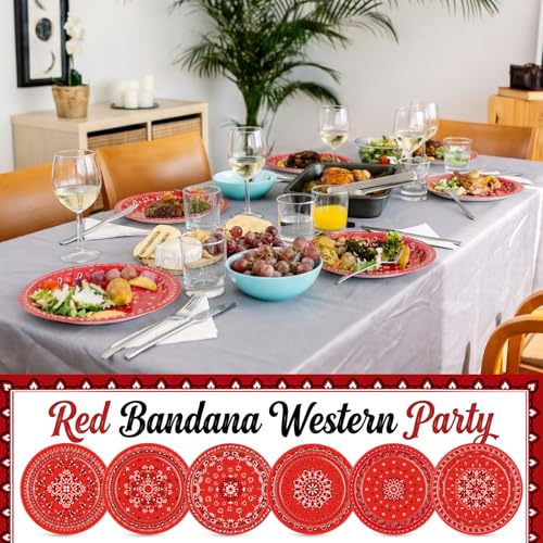 Image of Funnymoom 60 Pcs 7 Inch Red Bandana Western Paper Plates Western Party Decorations Paisley Cowboy Cowgirl Farm Disposable Plate for Dessert Cake, Bandana Floral Rodeo Wild West Birthday Party Supplies
