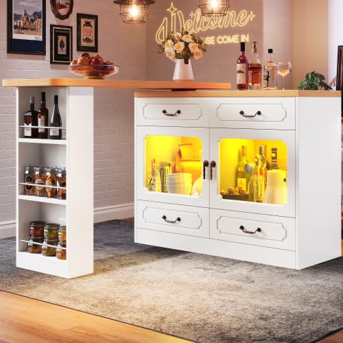 Merax 360° Rotating Kitchen Island Bar Table with App Controlled LED Lights, Extendable Breakfast Bar Table with 4 Drawers, Glass Cabinet & Side Rack, Multifunctional Dining Table Kitchen Cabinet — image 1