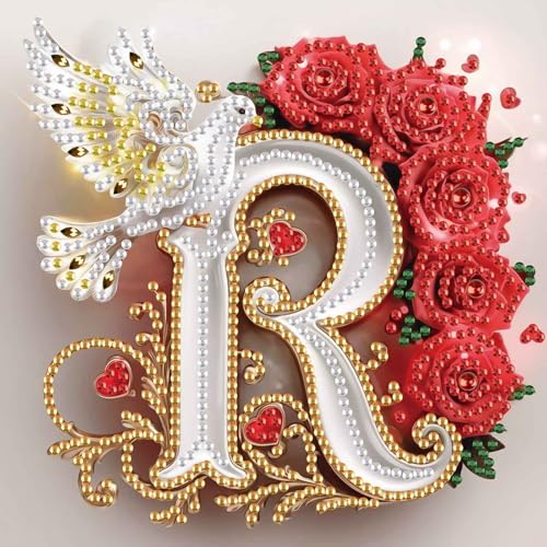 Image of AiYuanzsh 5D Diamond Art Kits for Adults Letter R, Radiant Rose & Dove Initial DIY Crystal Rhinestones Diamond Painting, Elegant Diamond Art for Wall Decor and Romantic Valentine's Day Gift 17x17cm