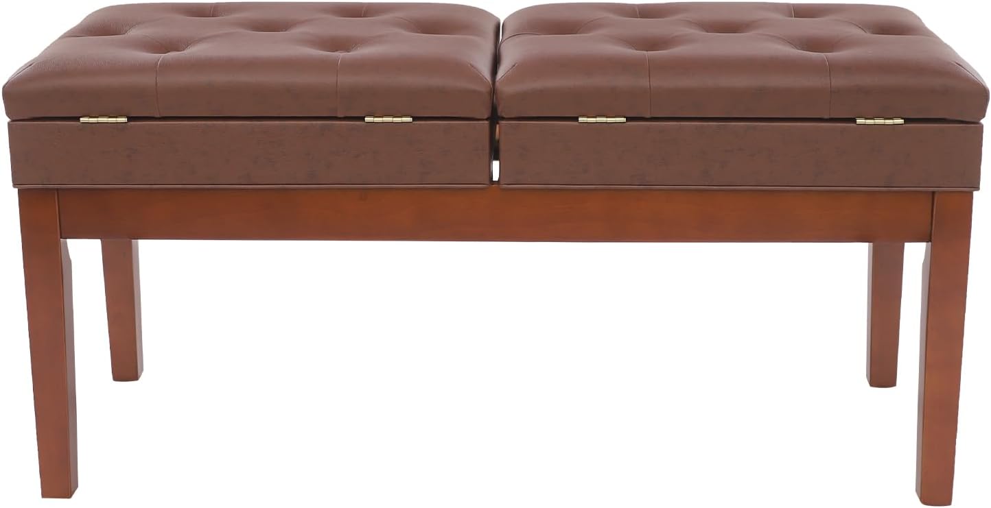 3.94’’ Adjustable Seater Piano Bench, Double Seater Piano Chair with 1.57in Sponge Thickness, 440.92 Lbs Load-Bearing Capacity Duet Bench with Storage Box, Brown
