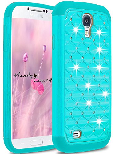 Galaxy S4 Case, MANDYCOWRY [Fashion Creative Design] Crystal Bling PC Shell Shock Absorbing Soft Rubber Inner Hybrid Armor Protection Cover for Samsung Galaxy S4 S IV I9500 All Carriers(Turquoise)
