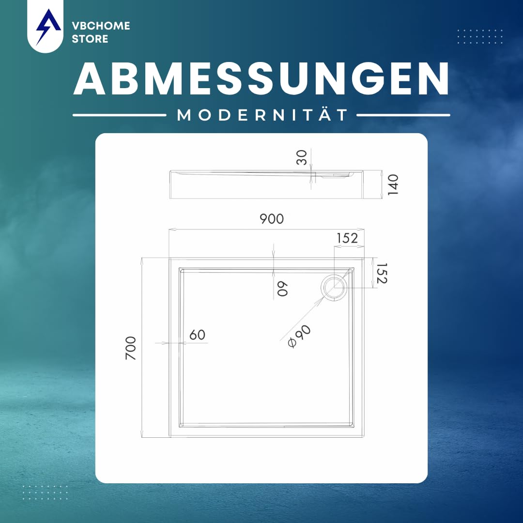 VBChome Acryl-Duschwanne 70x90x14 cm Duschtasse Competia rechteckig für Duschkabine Styroporträger extra flach Sanitär-Acryl Duschbecken stabil weiß + Siphon