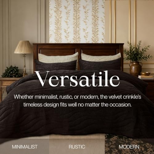 Image of DOWN HOME Crinkle Textured Velvet Quilt Set with Shams, All-Season Luxury Modern Bedding,Easy Care Comforter,Ultra-Soft,Lightweight & Breathable, Cali King, Antique Brown
