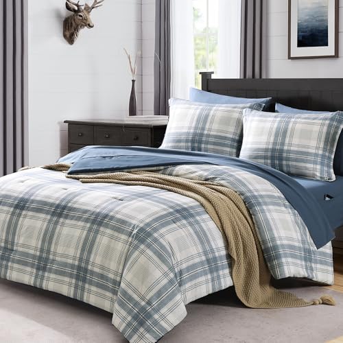 Image of MaiReve Plaid Full Comforter Sets, Blue Grey Grid Farmhouse Bedding Set Bed in A Bag, Classic Checkered Comforter Sets with Fitted & Flat Sheet, Pillowcases & Shams(Blue Grey, 80 inchx90 inch)