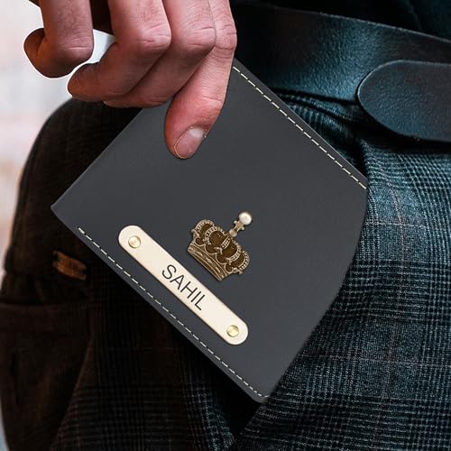 Image of The Wallet Store Personalised Leather Wallet for Men | Customised with Name and Charms | Best Gift for Husband, Boyfriend, Brother | for Anniversary, Birthday, Etc (Grey)
