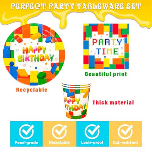 Serviettes de table blocs de construction pour fête, assiettes et décorations d'anniversaire