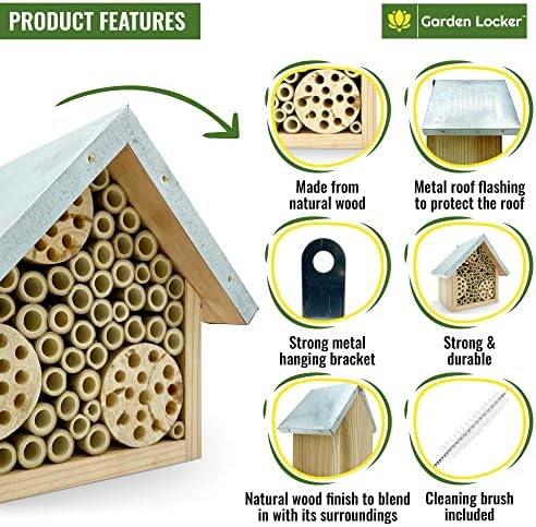 Wild Bee House Insect Home Bug Hotel with Metal Roof Small Bug House with Cleaning Brush - Attracts Bees, Butterflies & many other Bugs & Insects (Bug House)