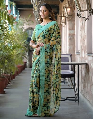 Image of SIRIL Women's Chiffon Printed Saree with Unstitched Blouse Piece