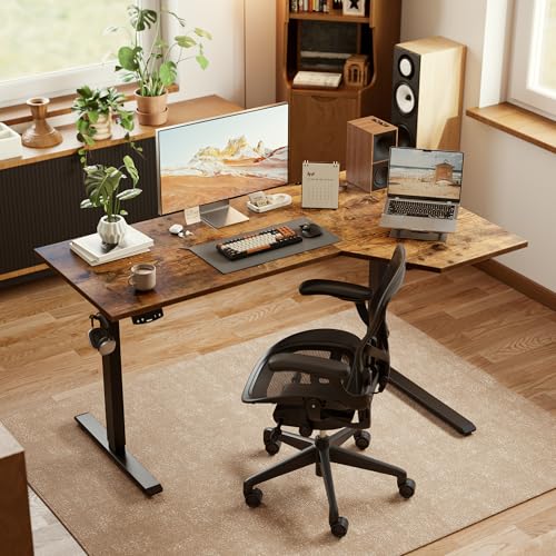 Image of Agilestic Electric Standing Desk, Height Adjustable Desk, 63 x 35 Inch Sit Stand up for Work Office Home, L Shaped Ergonomic Rising Computer Table with Memory Preset, Rustic Brown