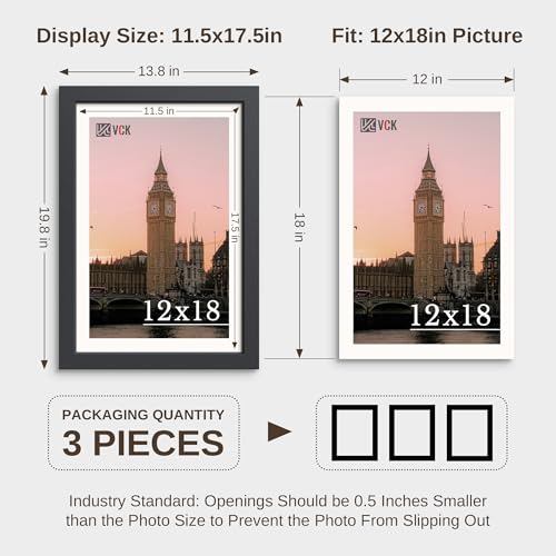 Image of VCK 12x18 Frames 3 Pack, Black Poster Frame MDF Wood with Polished Plexiglass, Wall Mounting Horizontal & Vertical Display