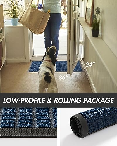 MontVoo-Front Door Mat Outside Entrance Doormat-Outdoor Indoor Door Mat for Entryway-Welcome Mat Thick Durable Rubber Backed Door Entry Mat Non Slip Dirt Trapper Absorbent-Navy Blue 24”x36”