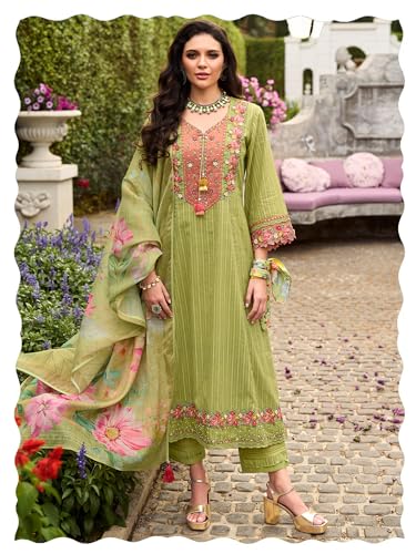 Image of INDO ERA Women's Anarkali Pure Cotton Floral Printed Embroidered Kurta & Pant with Dupatta Set (IEOUT10688)