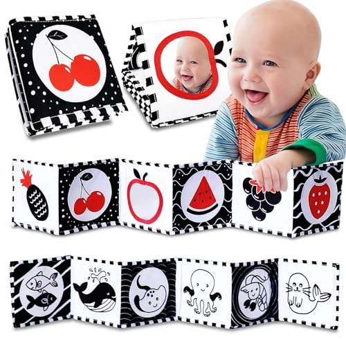 Image of AGMJFN High Contrast Baby Toys Book: Black And White Montessori Sensory Toys For Newborns - Tummy Time Mirror & Book, 0-12 Months, Foldable Mechanism, 4 Ropes