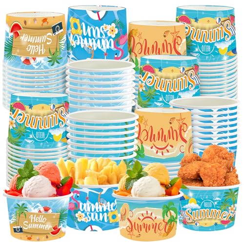 CIEOVO 48 Packs 9 oz Summer Party Paper Ice Cream Cups Disposable Summer Bowls Snack Cups Containers Dessert Bowls for Yogurt Soup Snack Hot Cold Food Summer Beach Theme Party Decoration