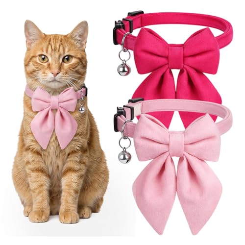 Macuezu 2 PCS Pink Cat Collar with Bell Girl Cat Bows, Cute Pink Cats Bowtie Collar for Kitten Girl Female, Adjustable 8-12 Inches Breakaway Cats Collars with Bow for Kitten