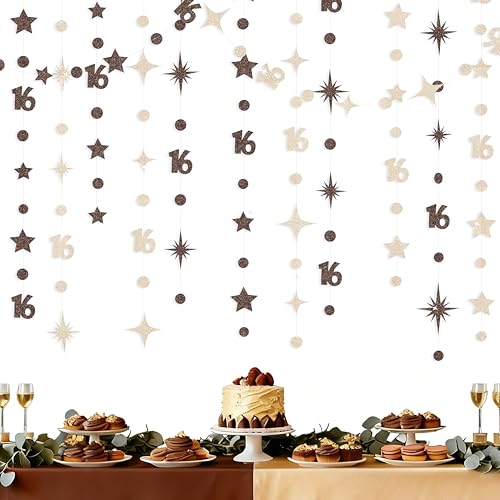 Image of Champagne Gold Brown 16th Birthday Decorations Number 16 Circle Dot Star Garland Streamer Banner Backdrop for Girls Boys Sweet Sixteen Cheers to 16 Years Old Happy 16th Birthday Party Supplies