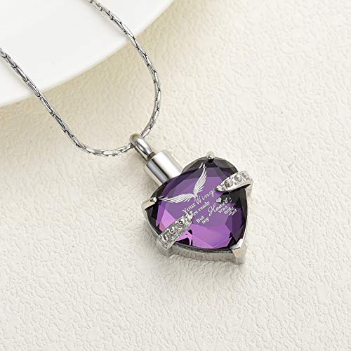 constantlife Heart Cremation Necklace for Ashes - Angel Wings Pattern Crystal Pendant Urn Memorial Jewelry - Engraved Your Wings were Ready But My Heart was Not4