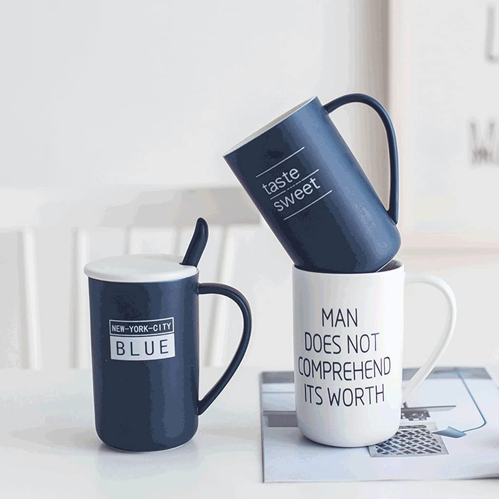 Tasse Kaffeebecher Creative Slogan Kaffeetassen-Löffel-Set Mit Deckel, Große Keramik-Kaffeetasse, Multifunktionale Teetasse Teetasse Kaffeetassen (Color : B-White, Size : 450ml)