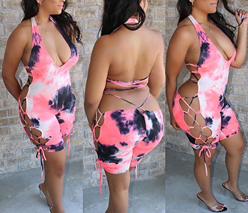 Haoan Women Sexy Halter Jumpsuits Tie Dye Print Backless Lace Up Short Outfits Rompers Pink #TOP2