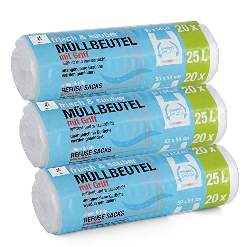 Premiumline 3 juegos de 20 bolsas de basura, 25 l, especialmente resistentes e impermeables, tamaño: 53 x 54 cm