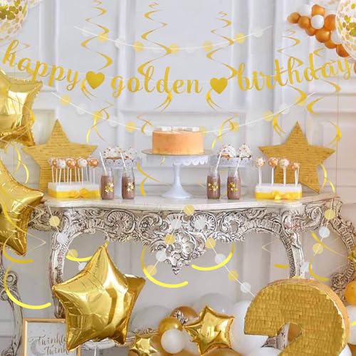 Image of Happy Golden Birthday Banner with 6 Hanging Swirls: Pre-Assembled Glitter Banner & Metallic Foil Swirls for Golden Birthday Party Decor, Indoor Wall & Ceiling Decorations