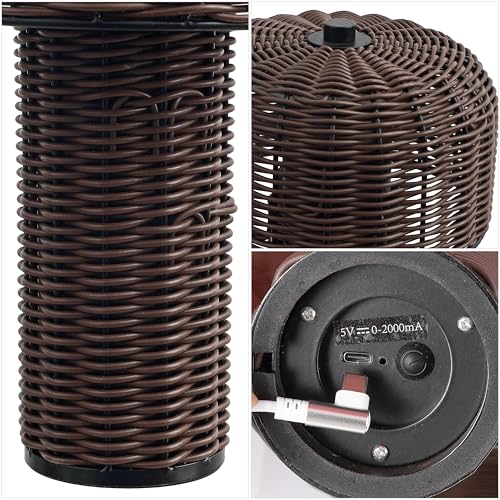 Image of JONATHAN Y 10 inch Dark Brown /Black Modern Scandinavian Faux Wicker Rechargeable Table Lamp Set of 2, Cordless Dimmable Integrated LED Lantern for Indoor /Outdoor Patio, Woven Shade JYL7155A-SET2