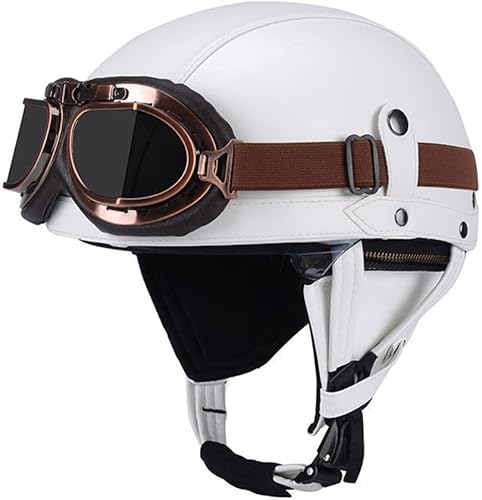 Casco de cuero de estilo alemán para hombres y mujeres, aprobado por el DOT, casco de media cara vintage con gafas y visera oculta, casco de media