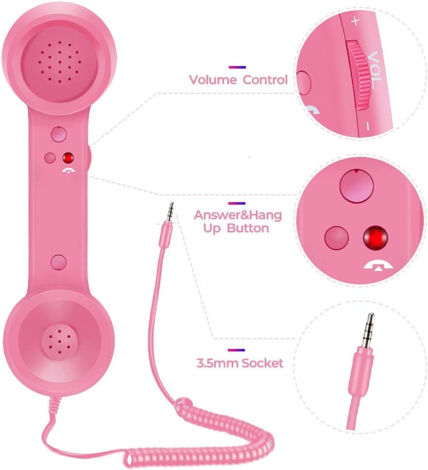 Cell Phone Handset, Retro Telephone Handset 3.5 mm Wired Anti Radiation Noise Reduction Receivers for iPhone, Android Mobile Phones, Smartphone (Pink)