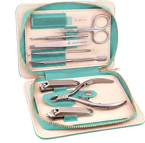 Beauty Power 9 in 1 Professional Manicure Pedicure Set - Stainless Steel Nail Clippers, Nano File, Cuticle Nipper, Scissors, Tweezers, Travel PU Leather Case for Men & Women - Gift Ready New (Blue)