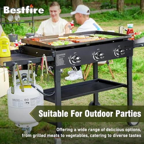 Image of BESTFIRE 3 Burner 35 inch Flat Top Grill,45,000 BTU Flat Grills Outdoor Cooking with Two Foldable Shelves,Outdoor Griddle with Porcelain-Enameled Cast Iron Grate & Pan for Kitchen,BBQ& Camping
