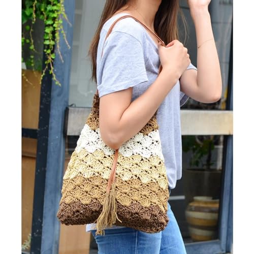 Image of MAIRO LIFESTYLE Straw Wicker Handmade Boho Summer Beach Drawstring Tote Bag