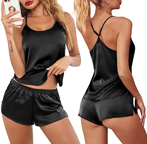 Ekouaer Pajamas Womens Sexy Lingerie Satin Sleepwear Silk Cami Shorts Set Soft Sleep Pjs 2 Piece Nightwear Gift Black