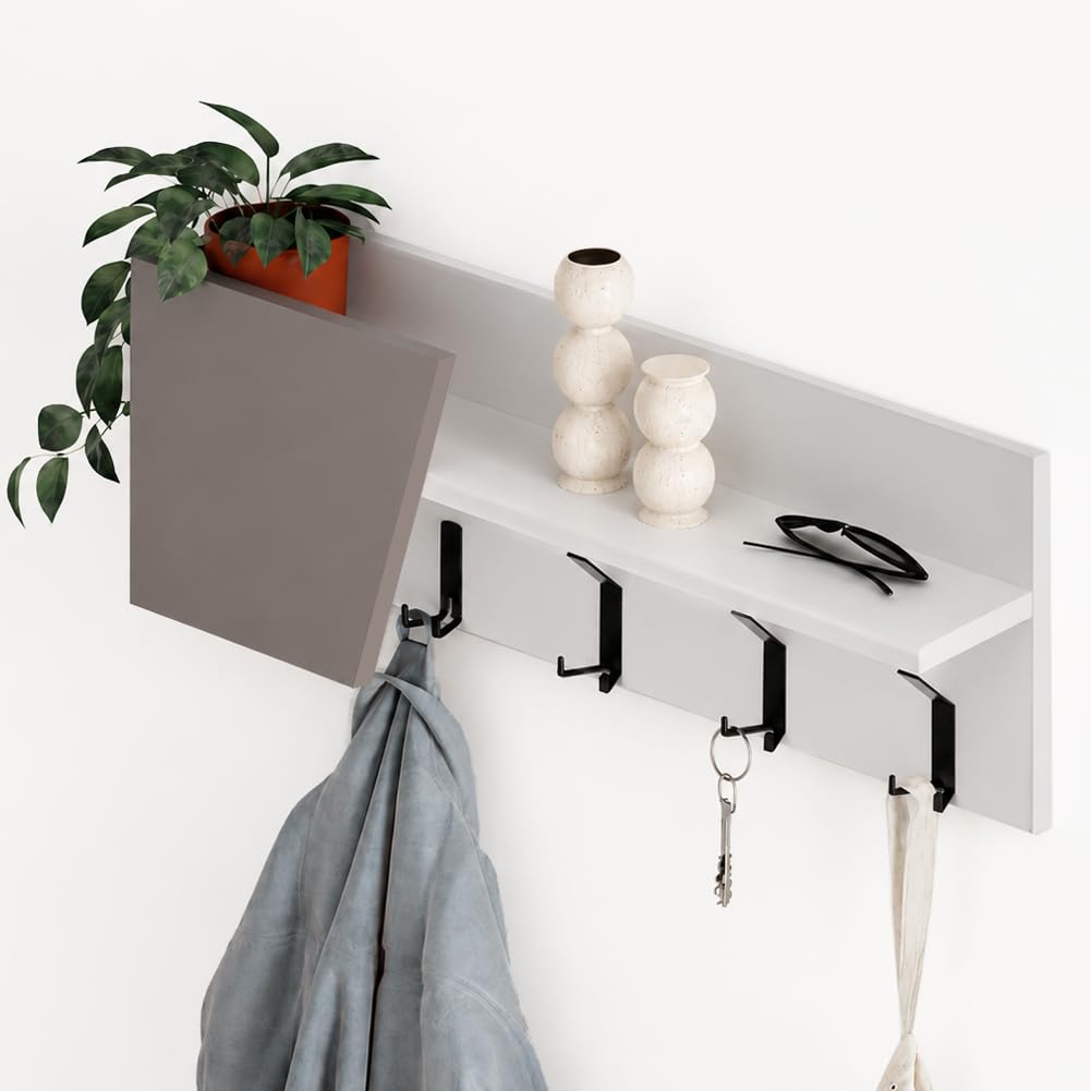 Shally Dogan Mensola Appendiabiti da Parete con 4 Ganci Doppi, Scaffale Attaccapanni da Muro con Struttura Salvaspazio Design Moderno, Ideale per Ingresso Casa, Ufficio, 74 x 15.5 x 26 cm