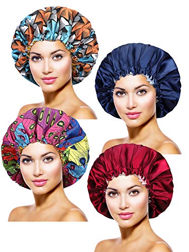4 Pieces Satin Sleeping Cap Large Bonnet Caps Adjustable Night Sleeping Hats with Drawstring for Women