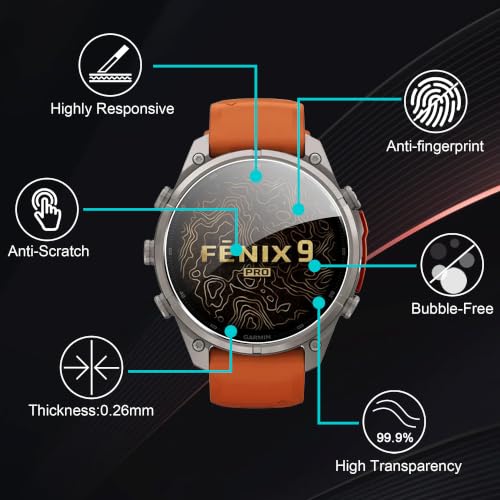 Rojeuinn 4 sztuki ochraniaczy ekranu do Garmin Fenix 9 Pro 47 mm szkło hartowane, twardość 9H z instrukcją pozycjonowania do instalacji, folia ochronna HD, odporna na zarysowania, bez pęcherzyków