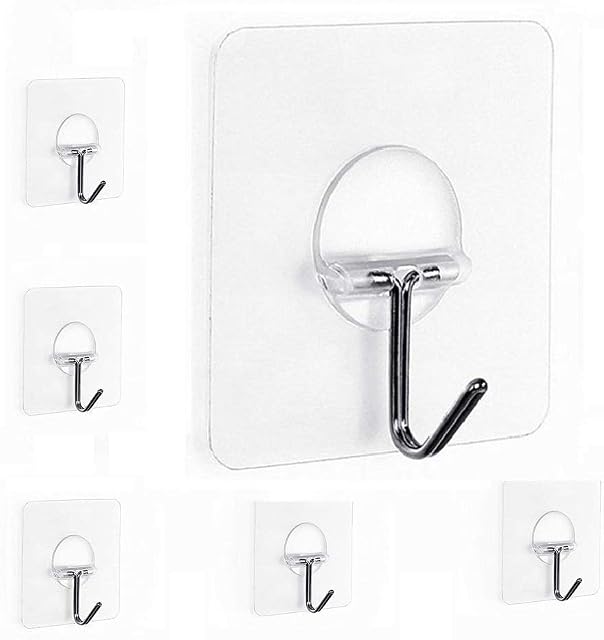 Fealkira Adhesive Wall Hooks 13.2lb(Max) Utility Stainless Steel hook for Towel Bathrobe Coats,Bathroom Kitchen Waterproof and Oilproof Nail Free Transparent Heavy Duty Wall hook & Ceiling Hanger-6pcs