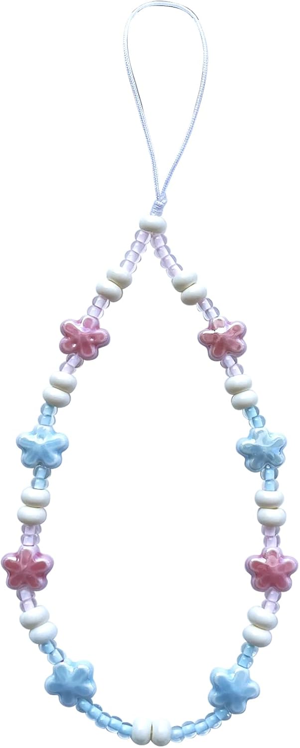 Flower Phone Charm Cute Beaded Cellphone String Handmade Wrist Strap Y2K Aesthetic Lanyard Wristlet Chain for Phone Case Cameras AirPods Bags