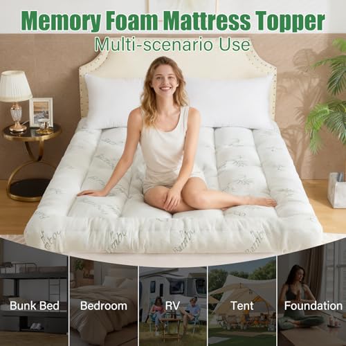 Image of WhatsBedding 5 Inch Memory Foam Mattress Topper Queen Size for Back Pain, Cooling Bamboo Viscose Air Layer, Supportive Pillow Top Mattress Topper