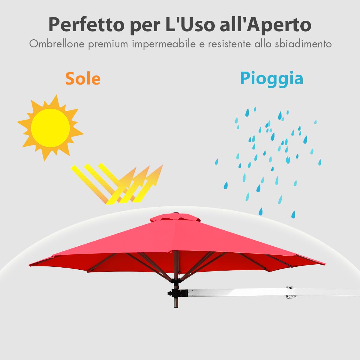 COSTWAY Ombrellone da Parete 250 cm, Ombrellone da Muro per Giardino con Angolo Regolabile, Parasole Esterno Pieghevole Anti UV, per Giardino, Balcone e Cortile (Rosso)