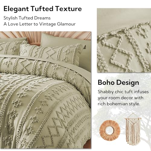 Image of MR&HM Boho Comforter Set King, Sage Green 7 Pieces Bedding Set, Farmhouse Shabby Chic Bed in a Bag with 1 Comforter, 2 Pillow Shams, 2 Pillowcases, 1 Flat Sheet, 1 Fitted Sheet for All Seasons