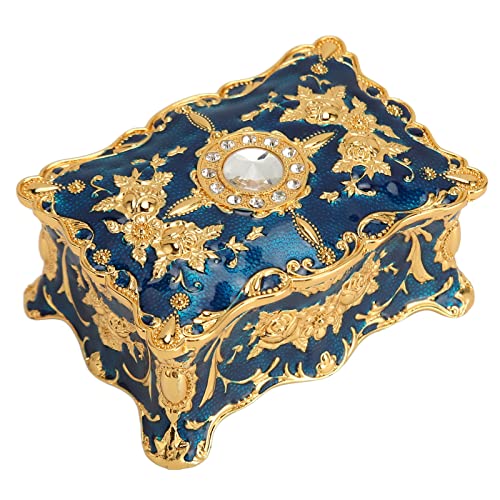 Joyería de Metal Vintage, Pequeña Caja de Almacenamiento, Rectangular, Cofre del Tesoro, Decorativa de Regalo para Mujeres y Niñas (Oro+Azul)