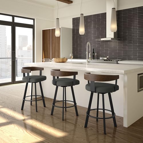 Image of Amisco Lars 30 inch Swivel Bar Height Barstool, Upholstered Stool with Solid Wood Back and Arms for Kitchen Island or Bar, Drees Stool, Charcoal Grey Polyester /Brown Wood /Black Metal