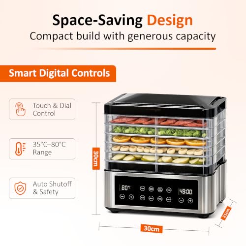 Image of FATHOM Elite Food Dehydrator 350W 5-Tray | 304 Stainless Steel, 35-80C Temperature Range, 48H Digital Timer, Rotating Airflow, Built-in Power Saver 0.3-0.5 Unit /Hr