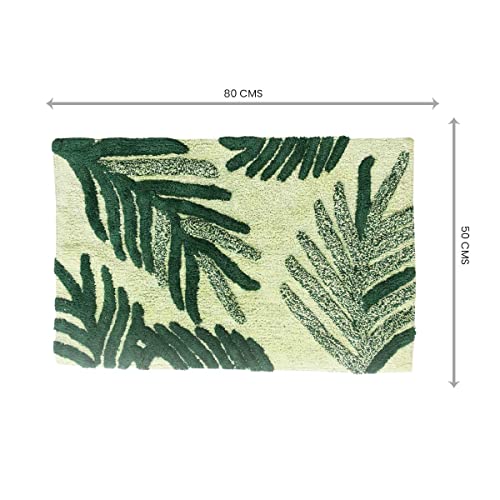 Image of SASHAA WORLD Cotton Leaf Patterned Bathmat | Soft, Absorbent & Cozy | Anti-Skid Latex Backing for Stability | Perfect for Bathroom, Bedroom, Hotels, or Spa | 50x80 cm, Green